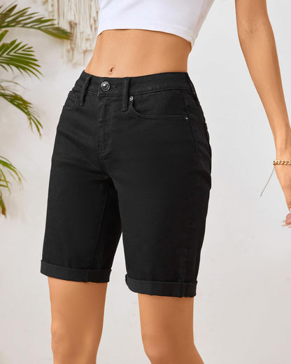 OFLUCK Women's Mid Rise Roll Cuff Stretch Denim Bermuda Shorts Dark Blue Size 10