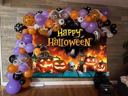 Happy Halloween Backdrop Ghost Pumpkin Flame Haunted House Party Banner 6x4FT