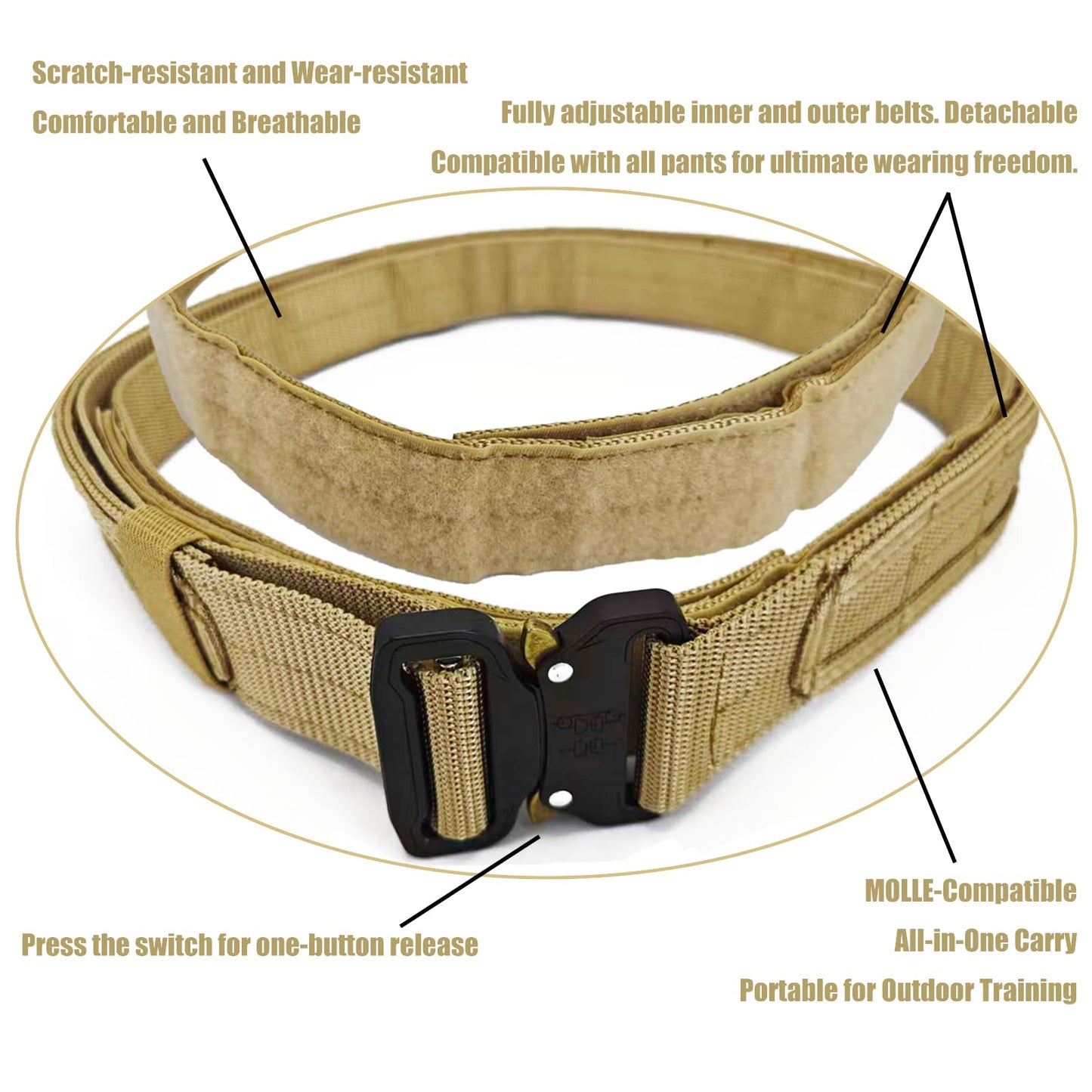 YouchingWld Belt V2 Adjustable Tactical Molle Belt Metal Buckle Khaki 36-46