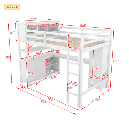 Wood Loft Bed with Cabinet and Bookshelf, Full Size Loft with Wardrobe and Desk for Kids,White