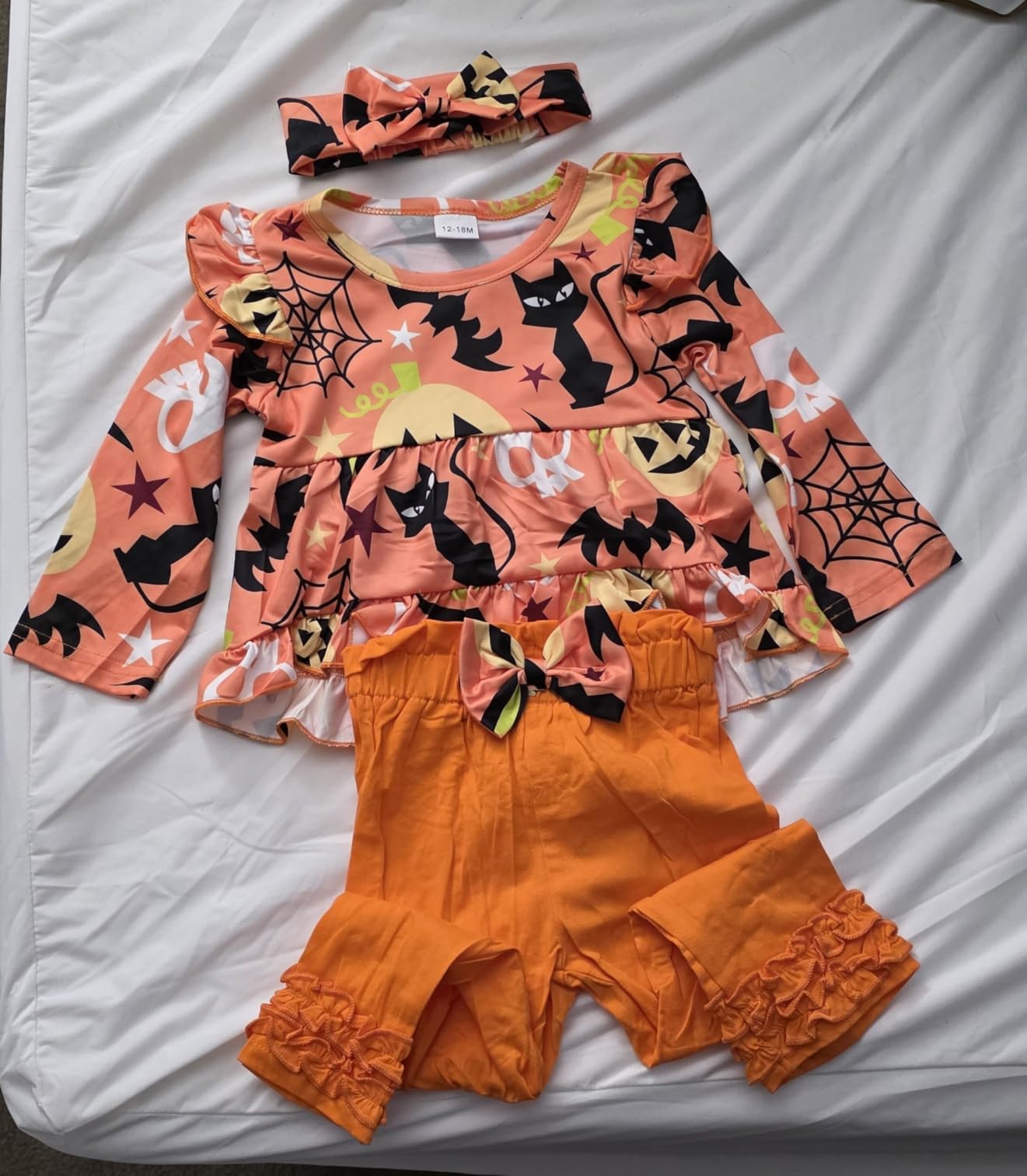 Kislio Toddler Girls Pumpkin Ghost Shirt Ruffle Pants Set 3PCS orange 12-18M