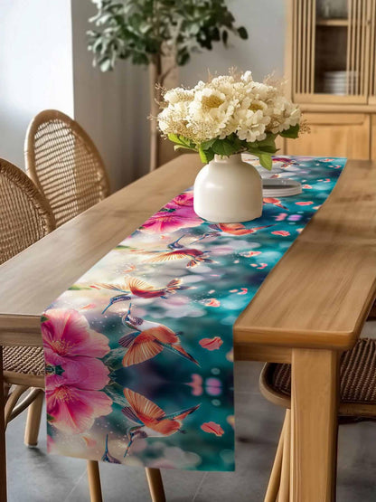 Perdecor Spring Hummingbird Pink Petals Table Runner 13x70in Cotton Linen