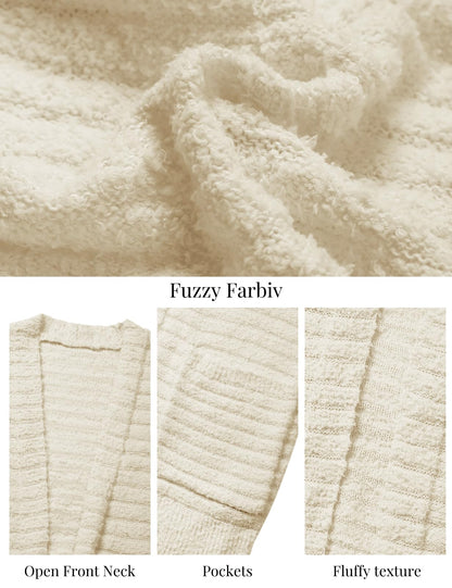 CiCiBird Women Long Fuzzy Knit Cardigan Sweater Open Front Beige Size XL