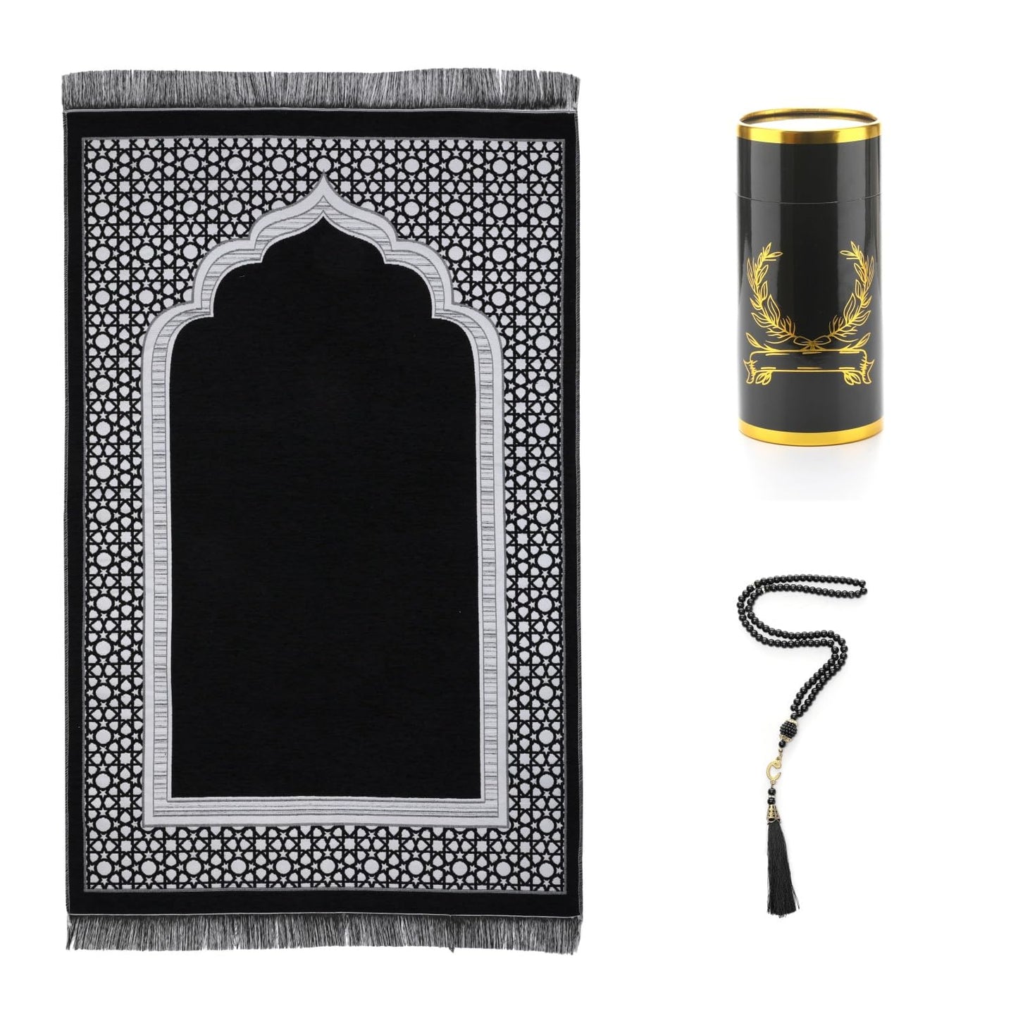 Muslim Prayer Rug Set with Beads & Cylinder Chenille Ramadan Mat 27.5x43.3 Inch
