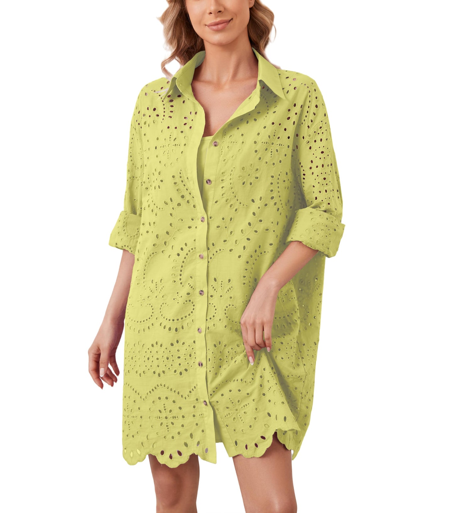 AIHUKOCY Women Hollow Out Button Down V Neck Long Sleeve Mini Dress Yellow M
