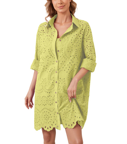 AIHUKOCY Women Hollow Out Button Down V Neck Long Sleeve Mini Dress Yellow M