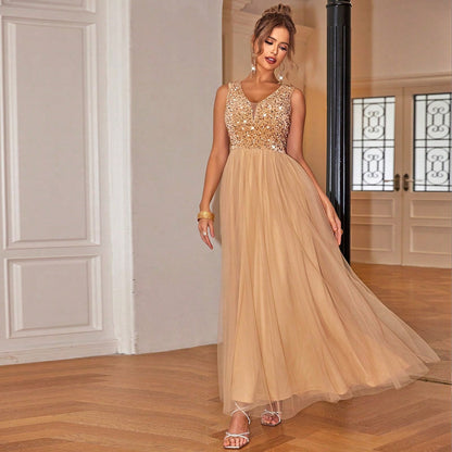 ElegantStyle Sexy Sleeveless Women's Shiny Mesh Splicing Swing Dress