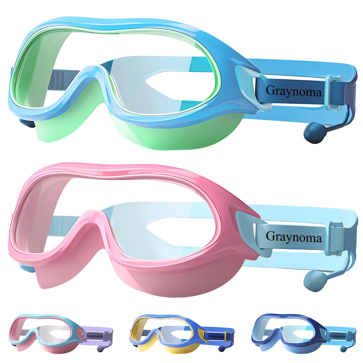 Graynoma Swim Goggles 2 Packs with Earplugs UV Protection Green Pink Size 10-18