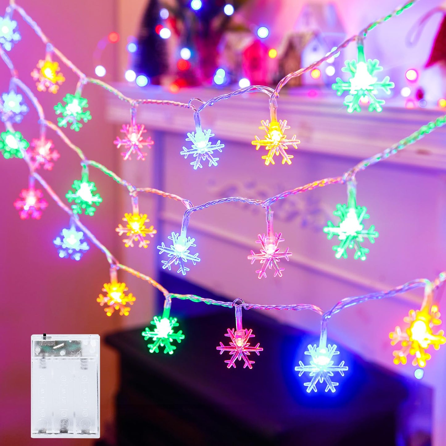 Minetom 4 Pack 30Ft 15 LED Multicolor Snowflake Holiday Lights Waterproof