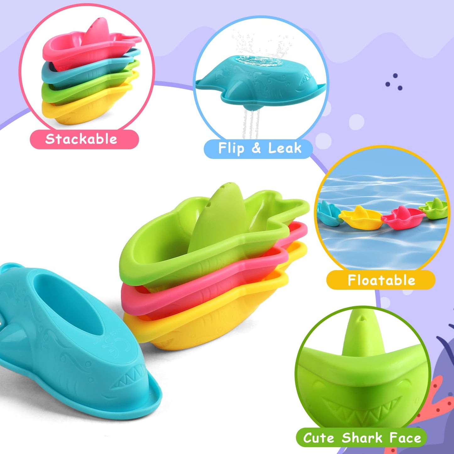 Fajiabao Toddler Bath Toys 6 PCS Colorful Stacking Boat Water Table