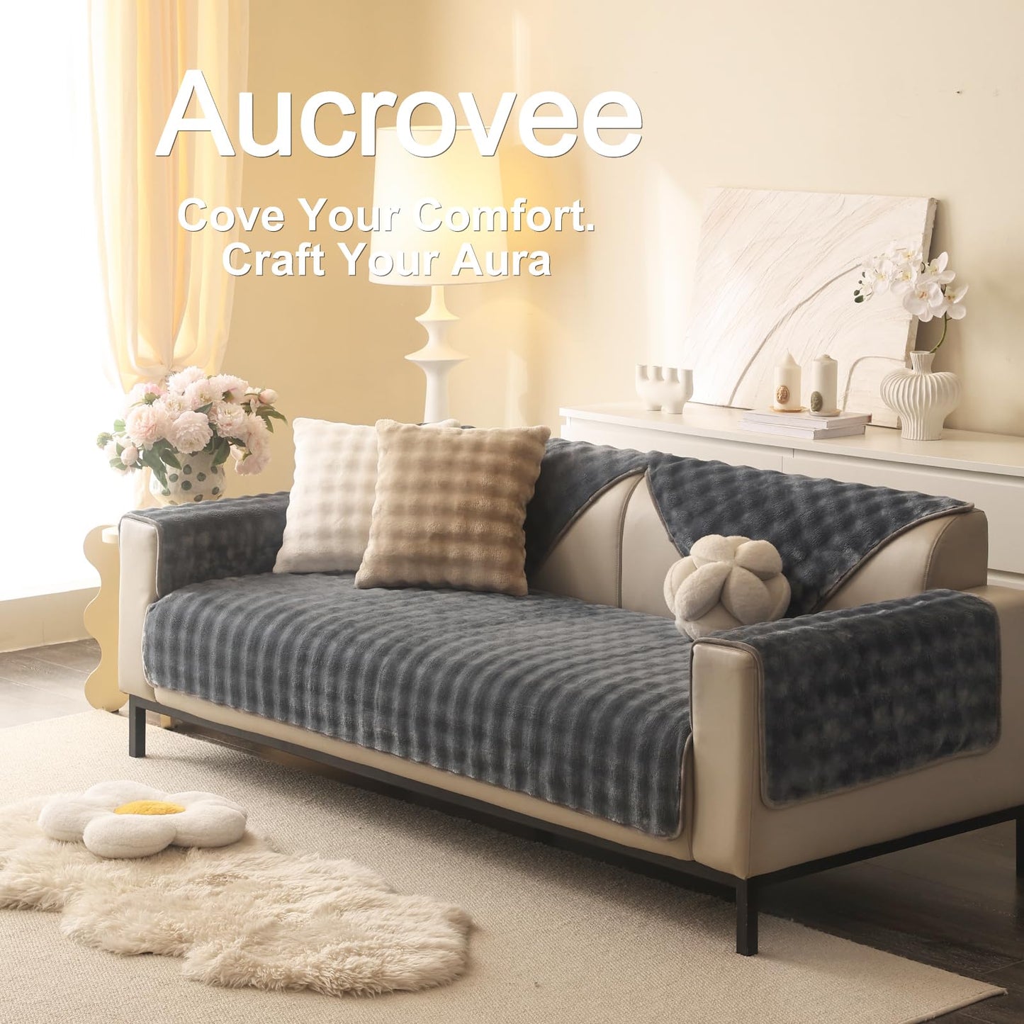 Aucrovee Plush Velvet Non Slip Sofa Cover 3 Cushion 36x70 Light Grey