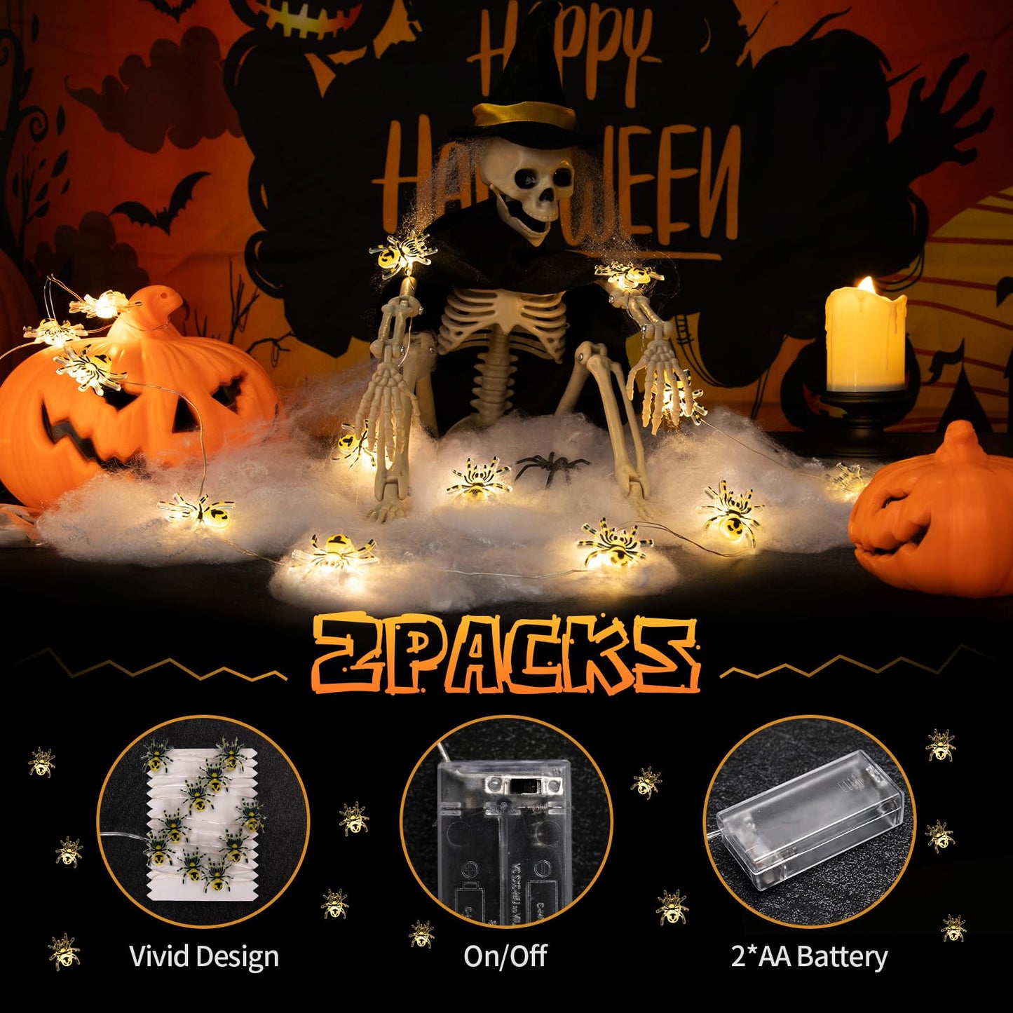 Joygoods Halloween Spider String Lights 7ft 20 LED Warm White Battery 2 Pack