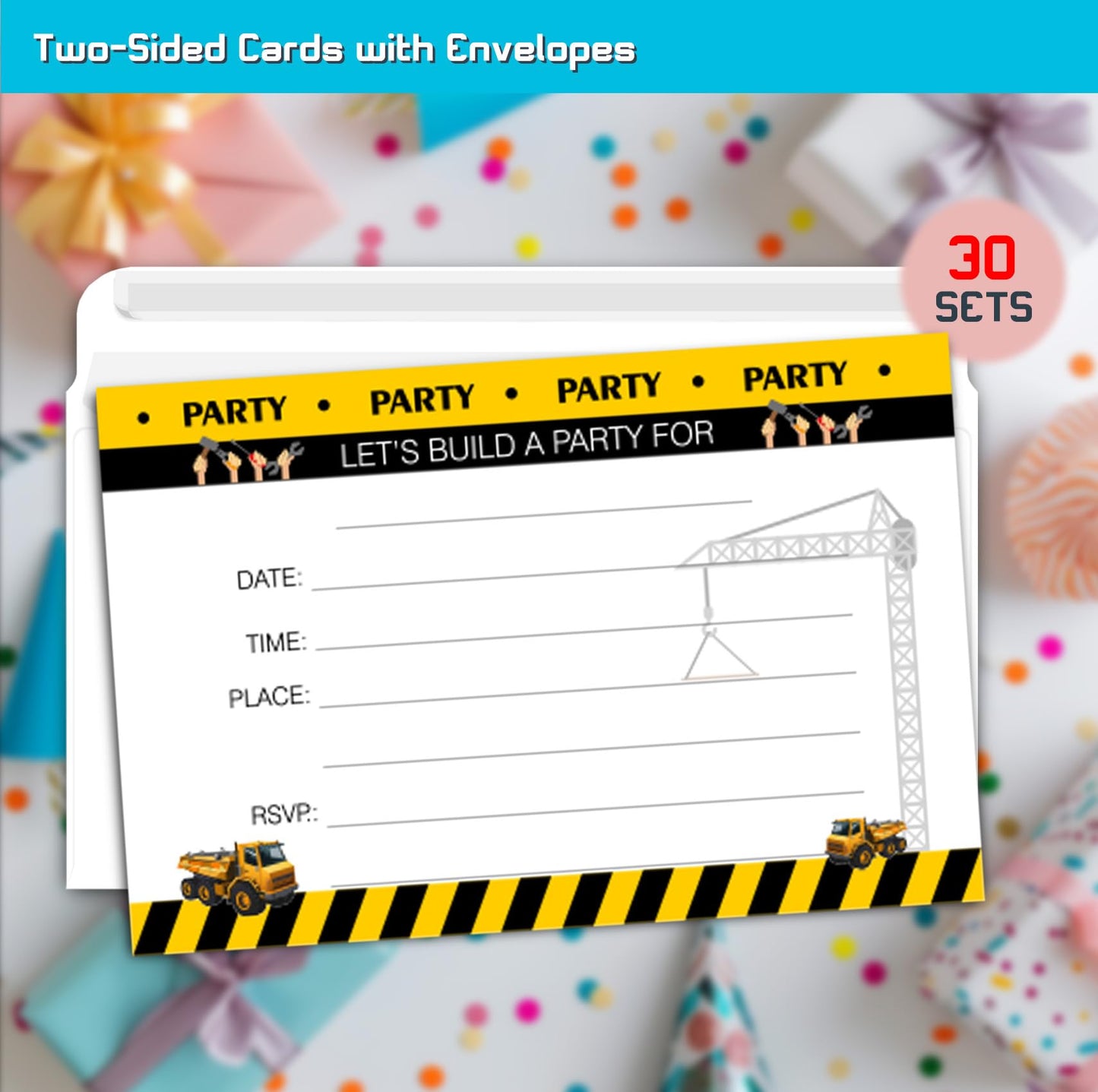 XIAOPNN Construction Birthday Party Invitation Boys, 30 Cards With 30 Envelopes