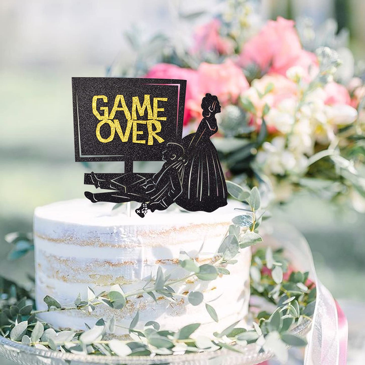 Little Man Game Over Wedding Cake Topper Double-sided Black Glitter 5.5x4.5in