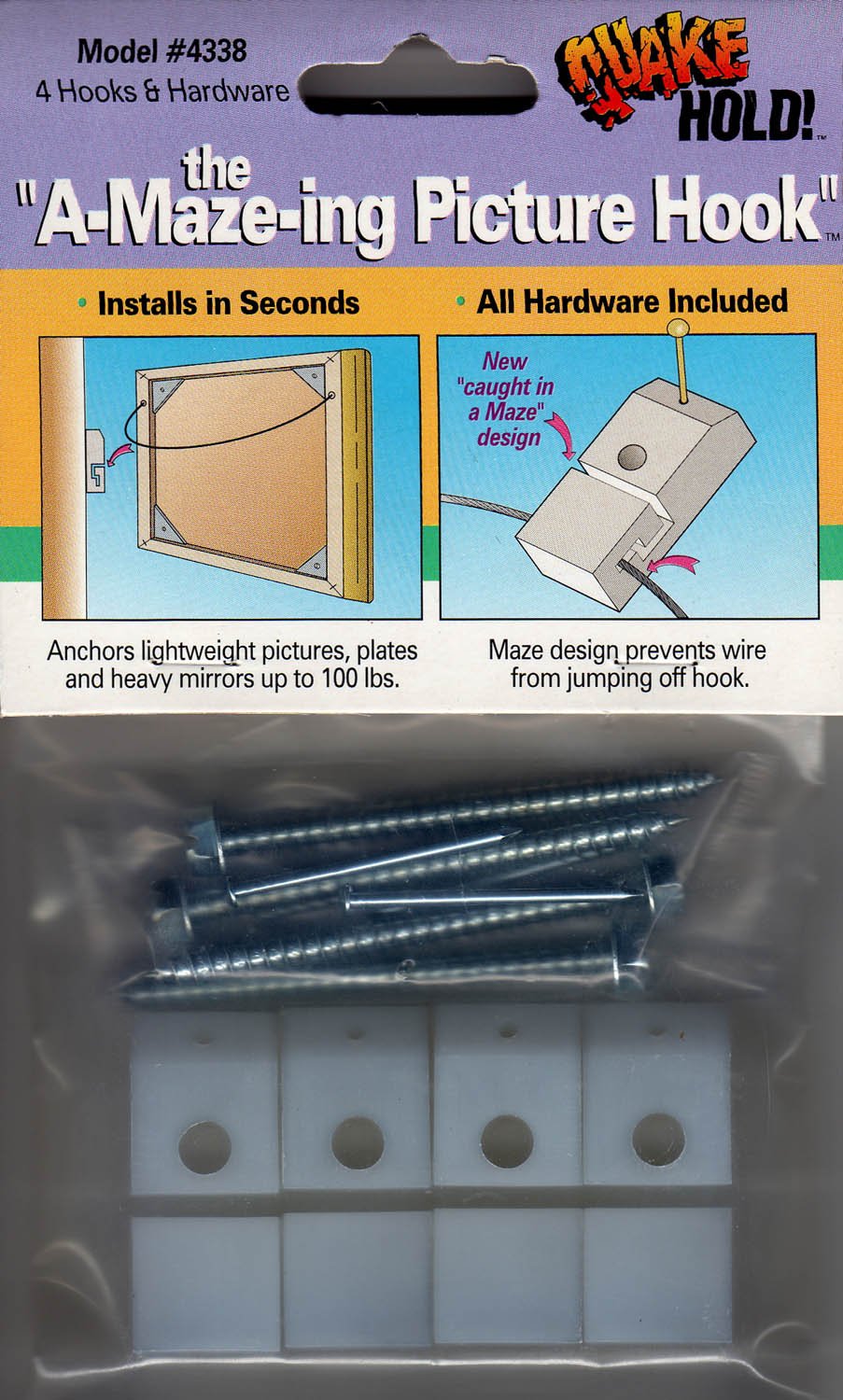 Quakehold! Ready America 4338 Anti-Fall Heavy Duty Picture Hook Clear 4Pc 100Lb