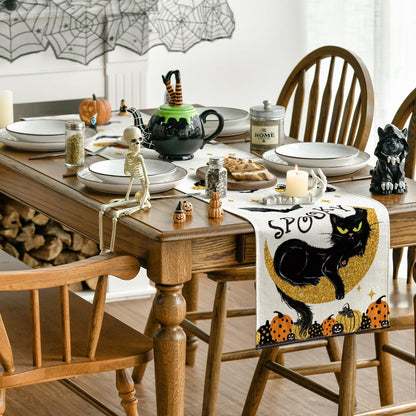 Artoid Mode Halloween Table Runner Black Cat Pumpkins Moon 13x72 Inch Beige