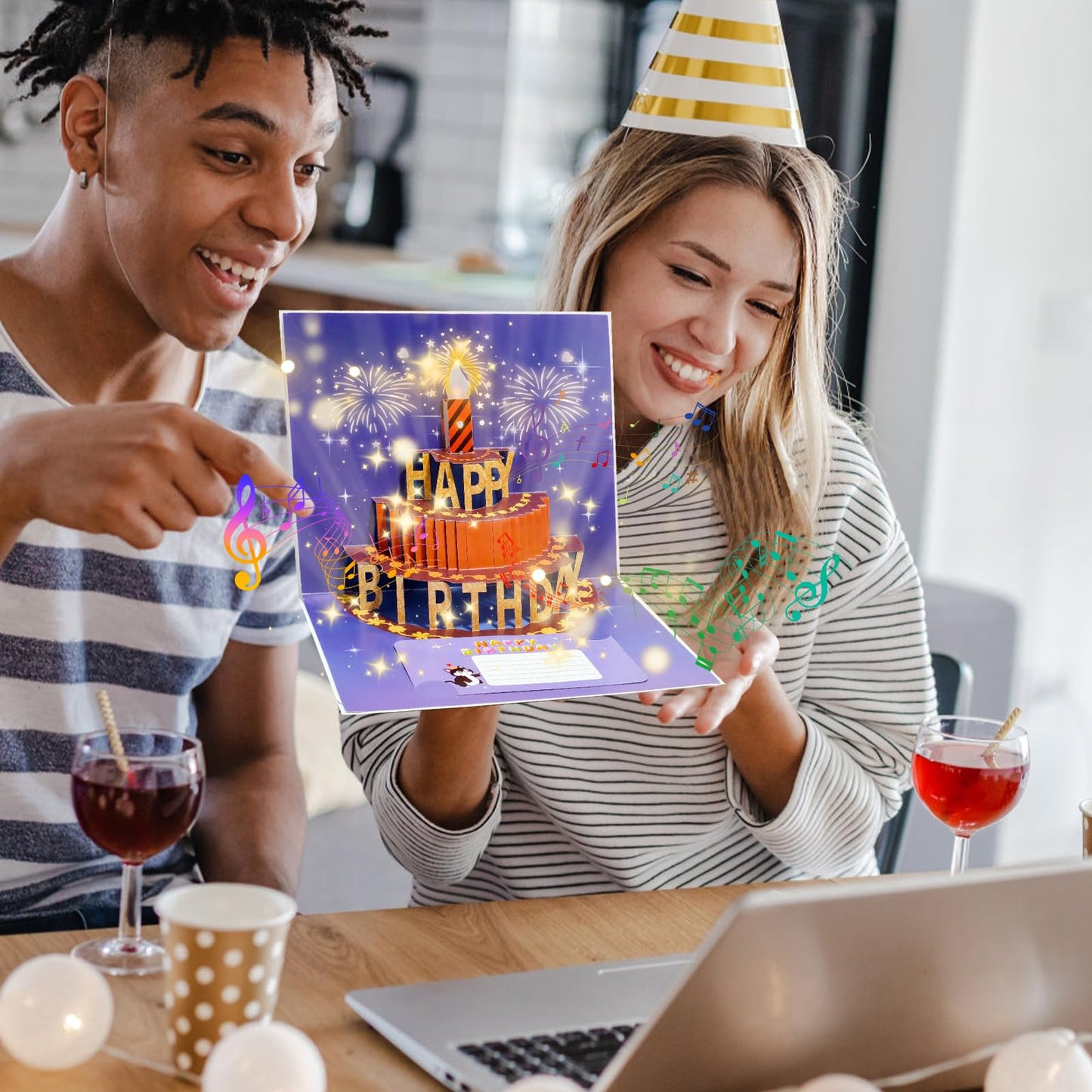 CANREVEL 3D Pop Up Fireworks Birthday Card LED Music Orange Cake Color
