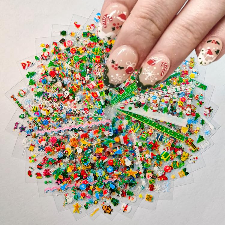 Namrec Christmas Nail Stickers 5D Embossed Santa Snowflake Colorful 2 Sheets