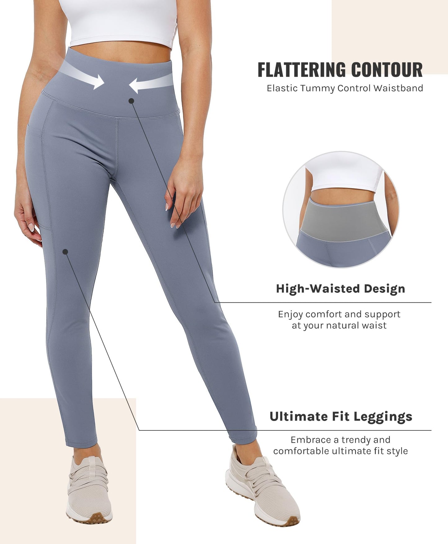 Cosmolle High Waisted Yoga Leggings with Pockets Grey Size L