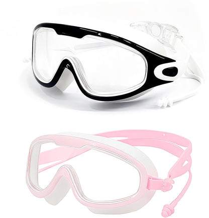 DCRWVCTON Adult Swim Goggles 2 Pack Anti-Fog Leak-Proof Clear with Ear Plugs
