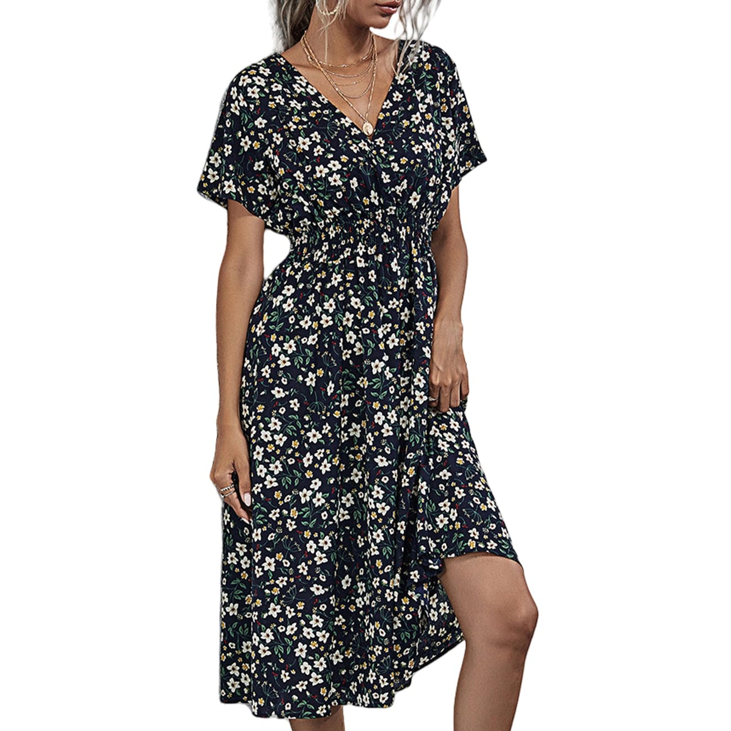 HEBELD Womens Midi Floral V Neck Wrap Dress Elastic Waist Black Size M