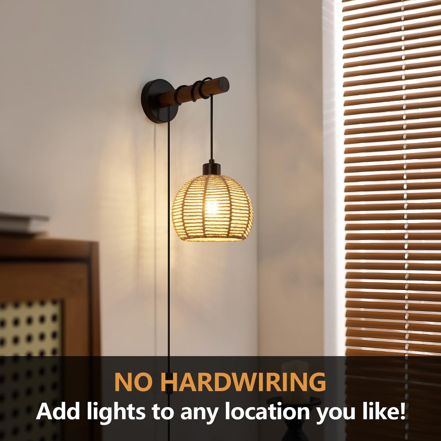 SGLfarmty Boho Rattan Plug-in Wall Sconces Set of 2 Rustic Hemp Rope