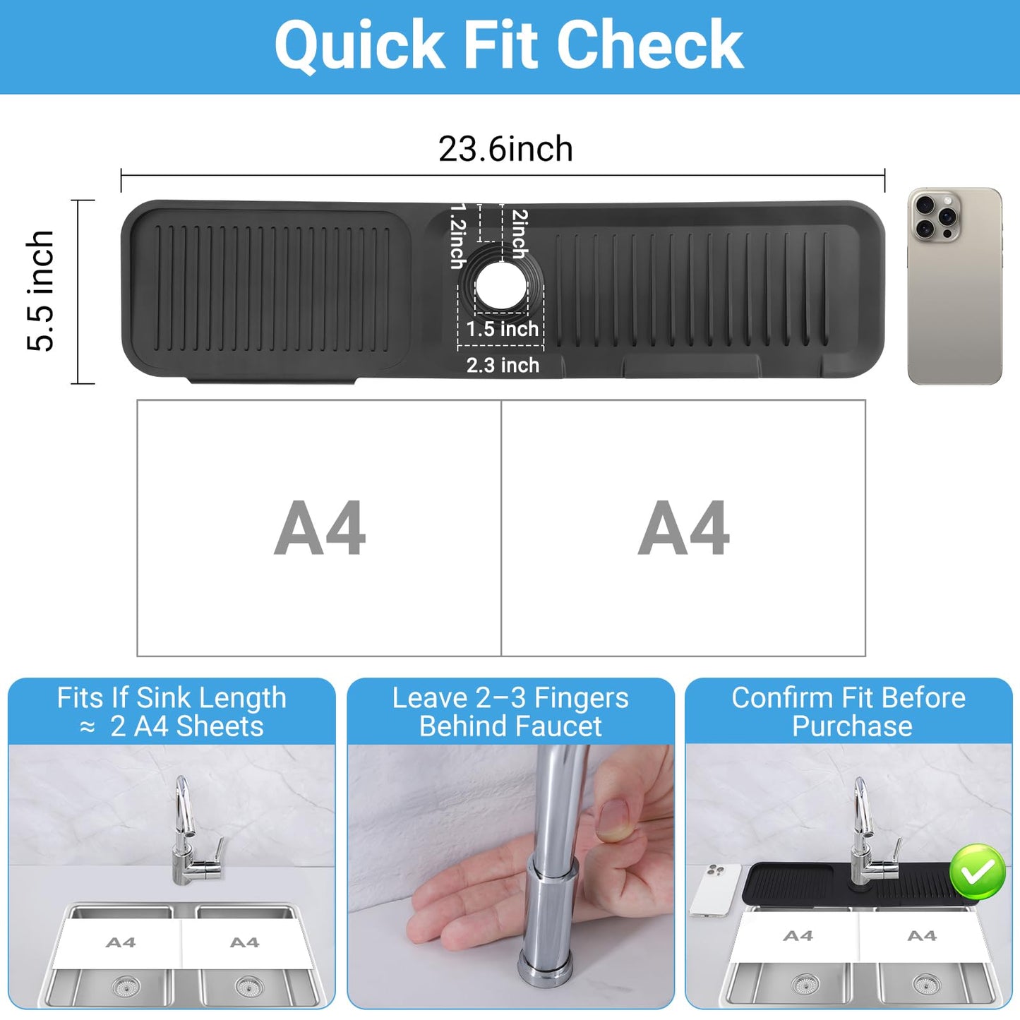 AIZOE Silicone Sink Splash Guard Faucet Mat 23.6in Black Kitchen Bathroom