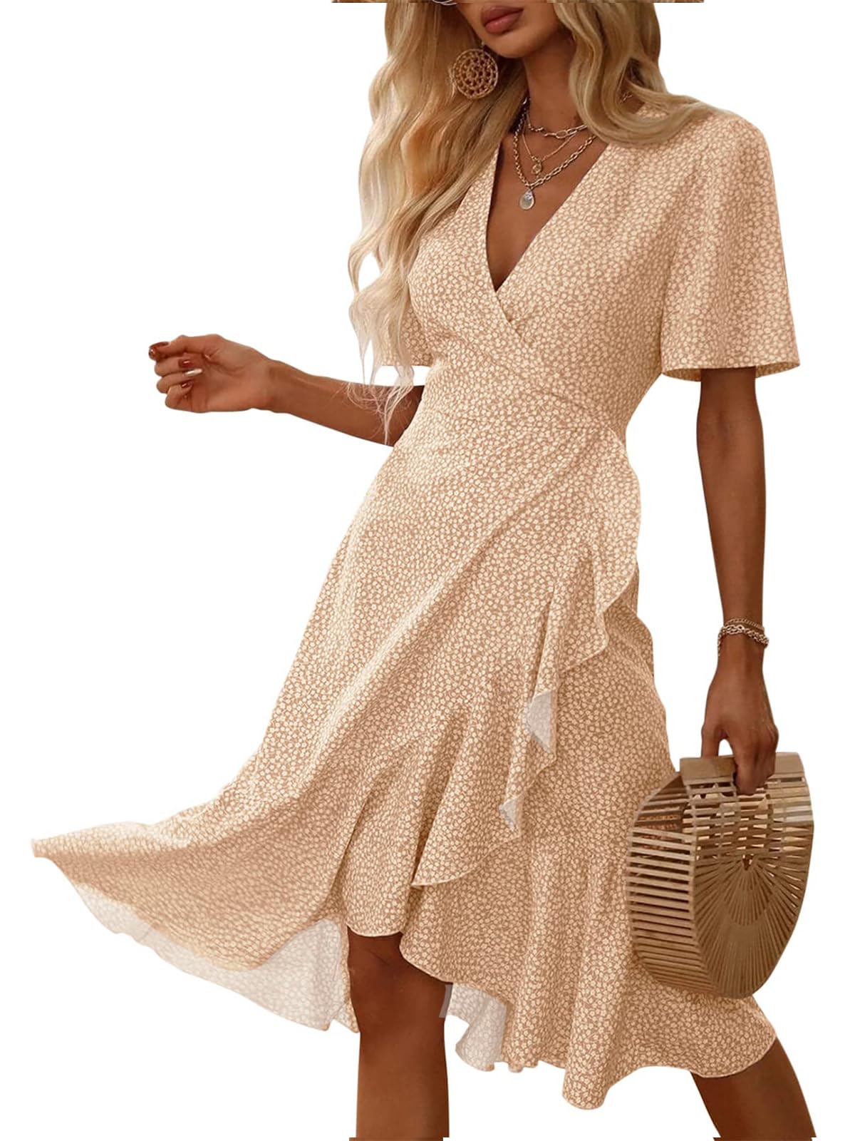 Febriajuce Women's Summer Wrap Maxi Dress V Neck Ruffle Hem Champagne Size S