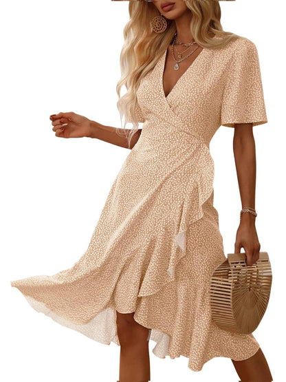 Febriajuce Women's Summer Wrap Maxi Dress V Neck Ruffle Hem Champagne Size S