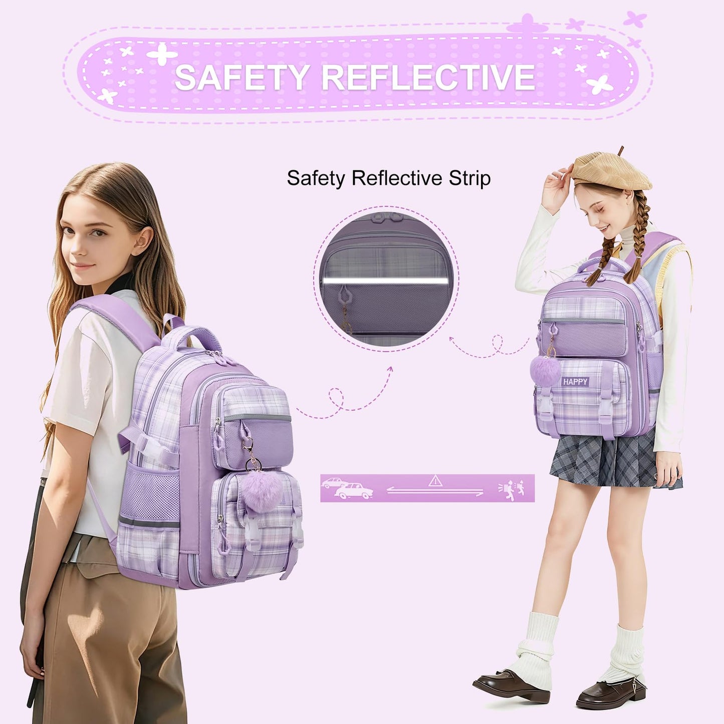 KEBEIXUAN Backpack Set 3PCS School Lunch Box Pencil Case Pink 11.81x7.87x17.32