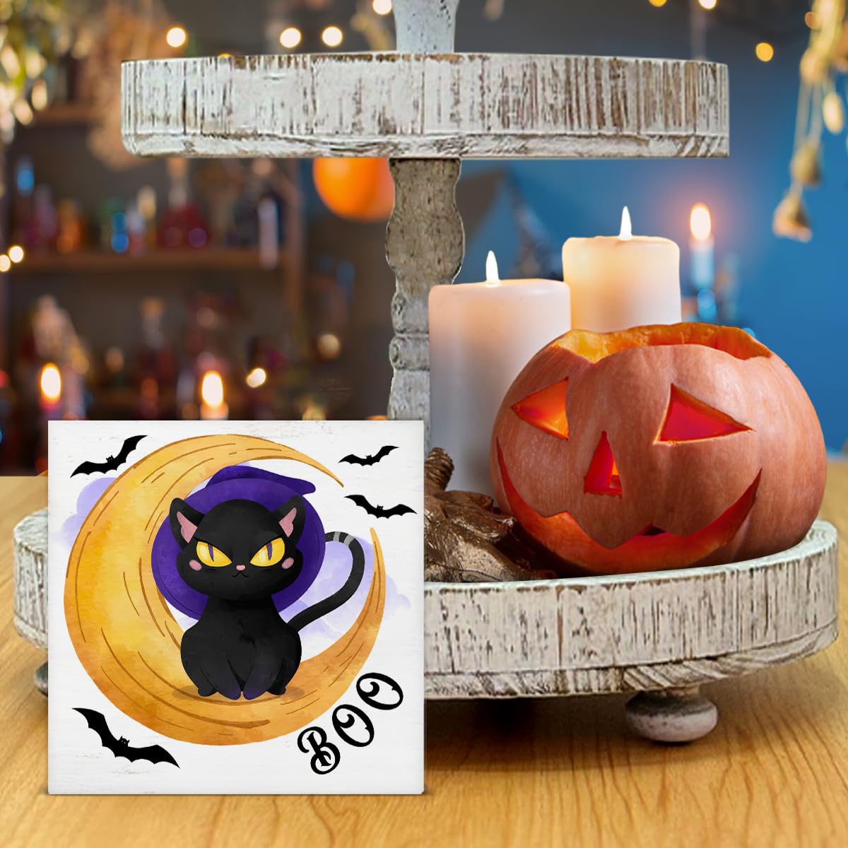 Hijie Halloween Black Cat Bat Wooden Sign Decor 5x5 Inches Indoor
