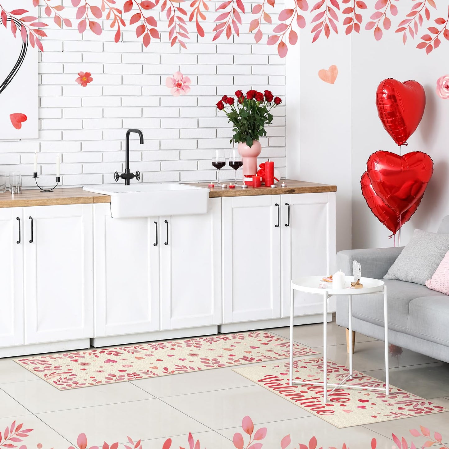 Pickmesh Valentine Kitchen Mats 2 Pc Non-Slip Love Heart Pink 17x29 & 17x47