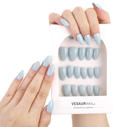 KBS Designer Handmade Press On Nails Blue Short French Tip Almond 16 Sizes Kit