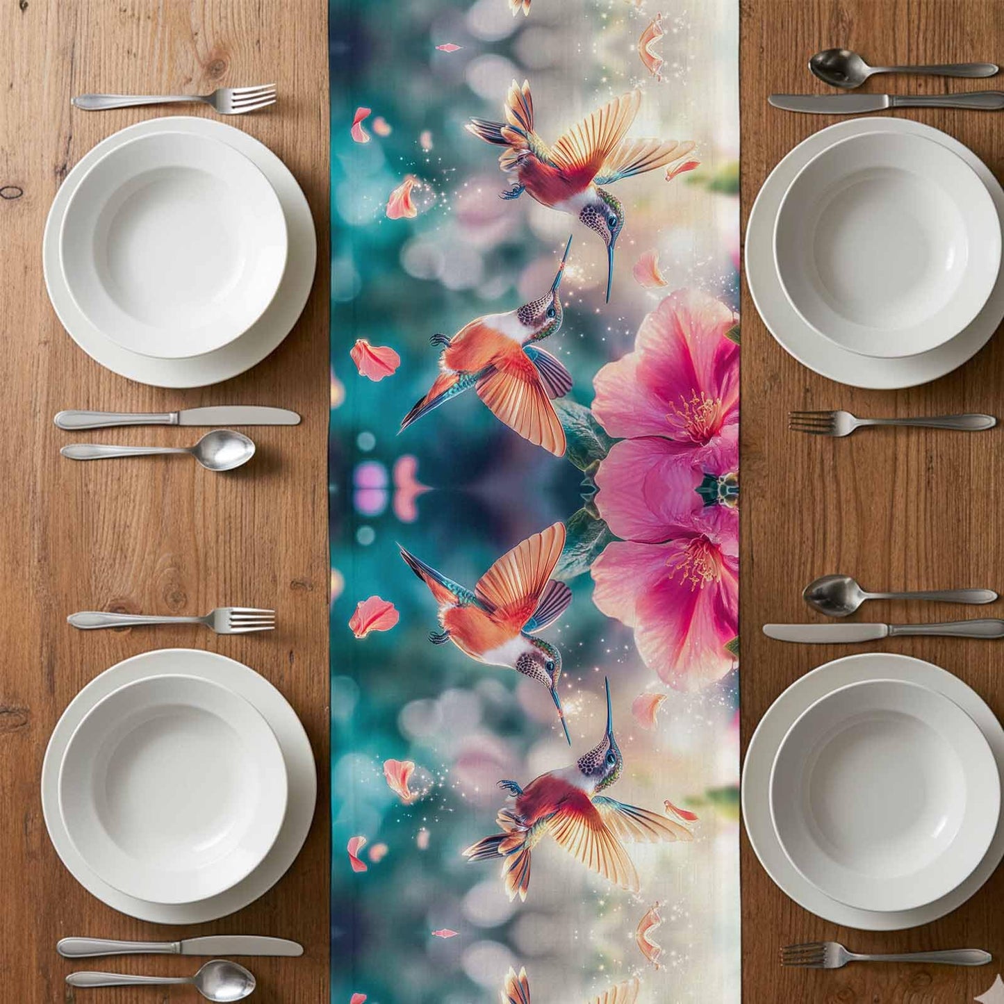 Perdecor Spring Hummingbird Pink Petals Table Runner 13x70in Cotton Linen