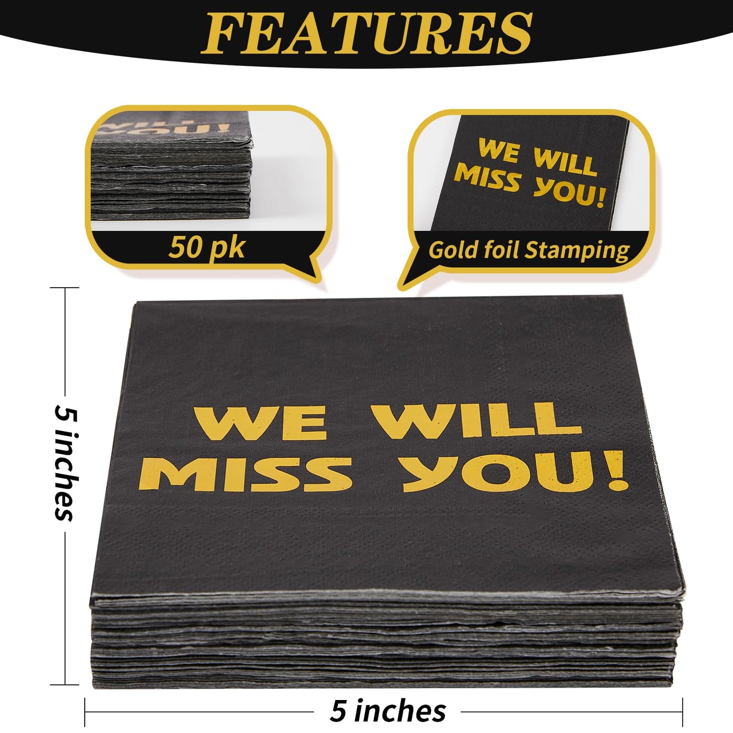 Sllyfo Retirement Party Napkins 5x5in 50PK Black Gold Farewell Decor