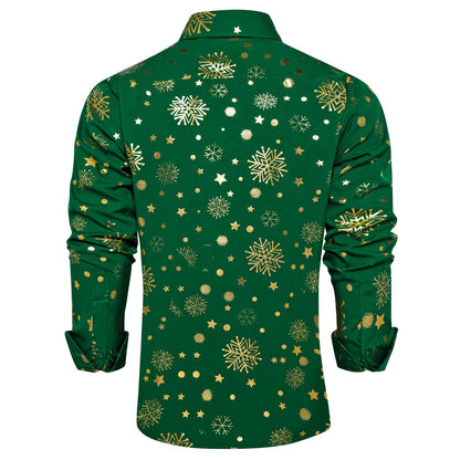 DiBanGu Mens Christmas Long Sleeve Button Down Shirt Green Gold Snowflake Size S