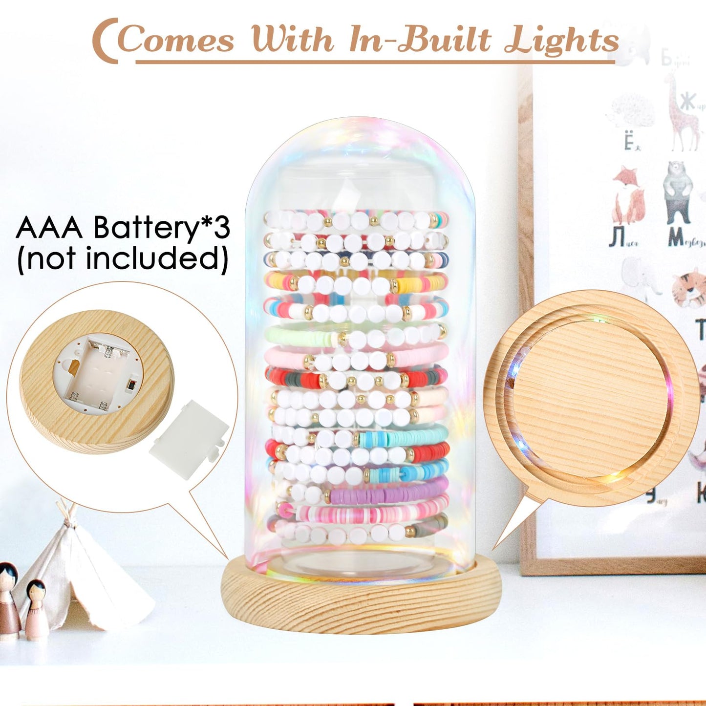 Aolamegs Friendship Bracelets Organizer with Lights Transparent Rustic Wood Base