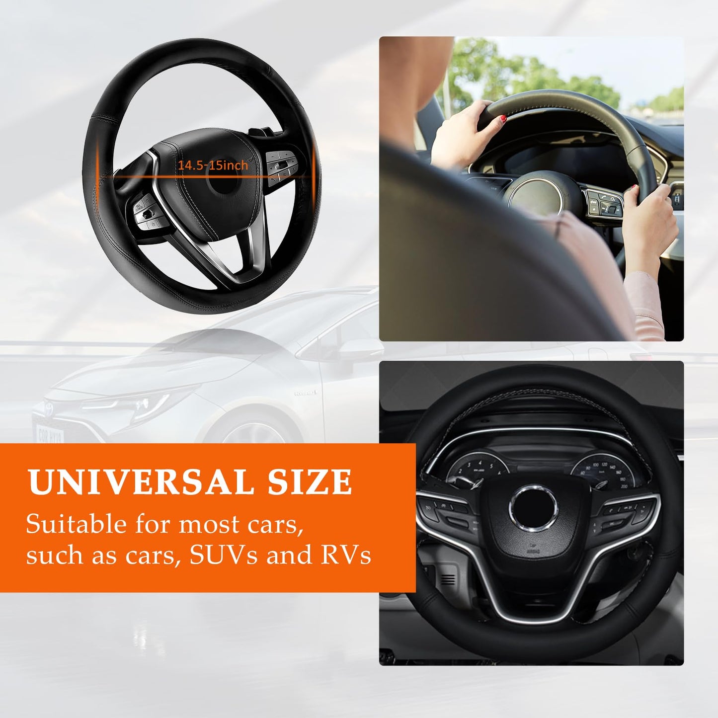 Ziciner Steering Wheel Cover Soft Leather Durable Universal 14.5-15in Gray