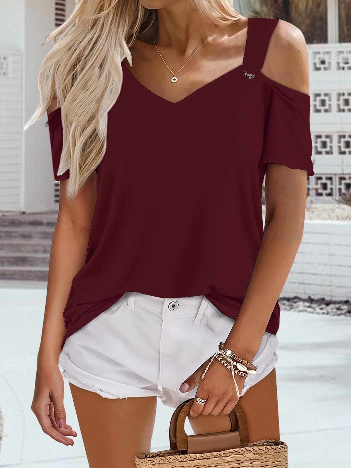 Bellcoco Womens Cold Shoulder V Neck Red Blouse Top XL