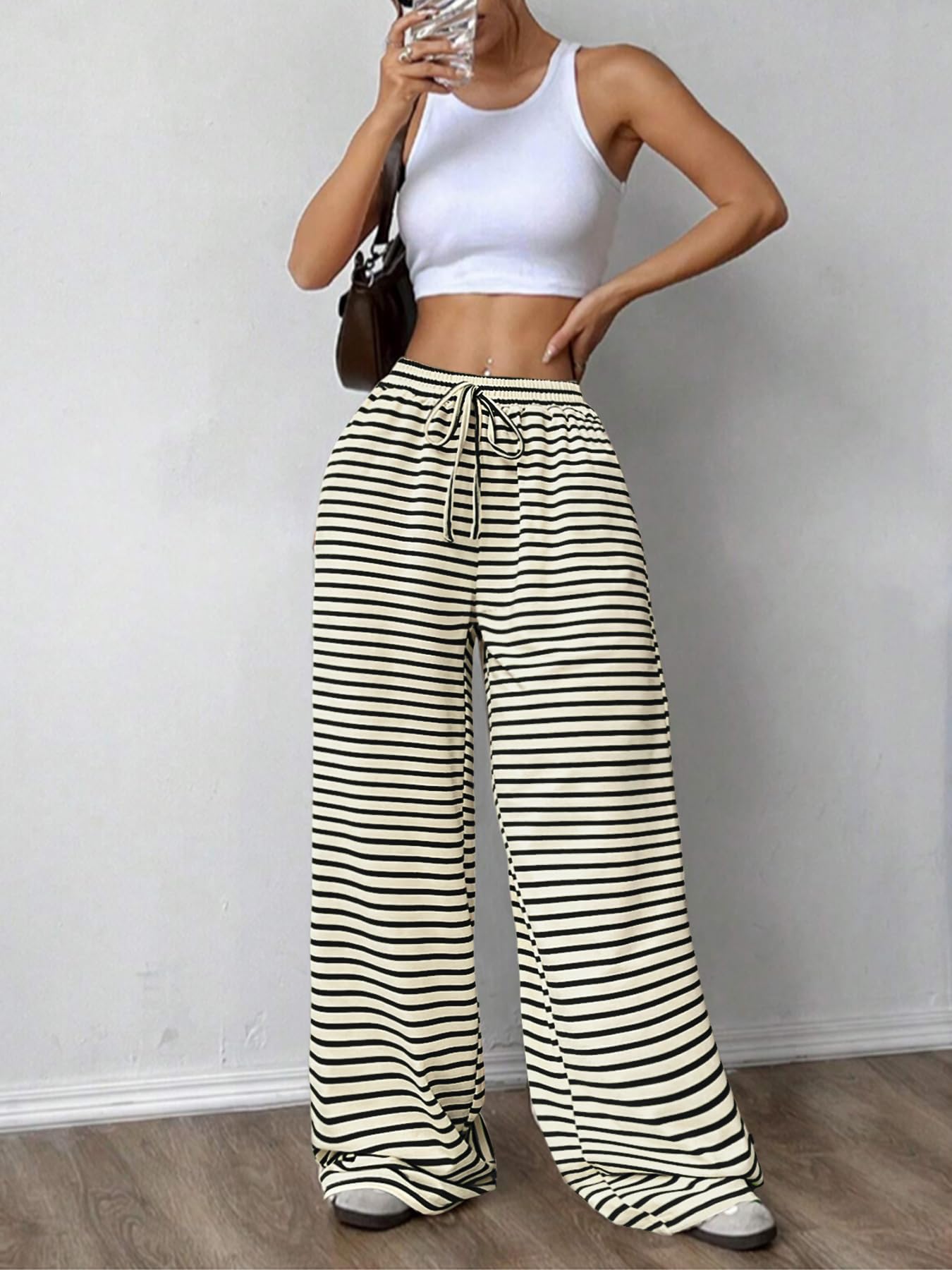GUOLEZEEV Women Lounge Pants Elastic Waist Striped Y2K Sleepwear Black Apricot L