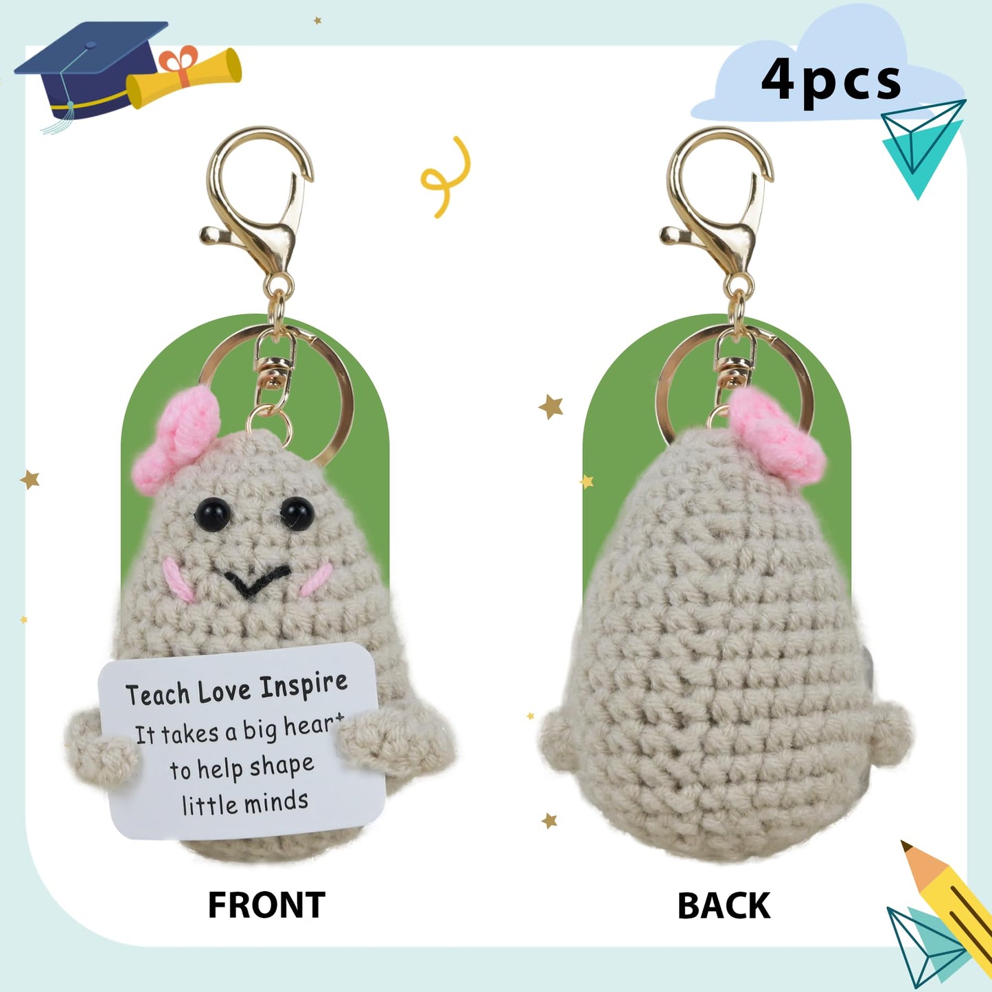 4pc Inspirational Crochet Potato Keychain Set Green with Organza Bag 2.36"