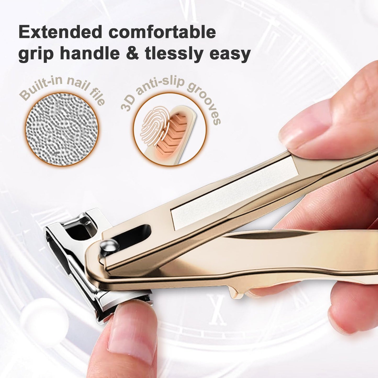 ILLFER Toe Nail Clippers 360° Rotating Long Handle Gold Stainless Steel