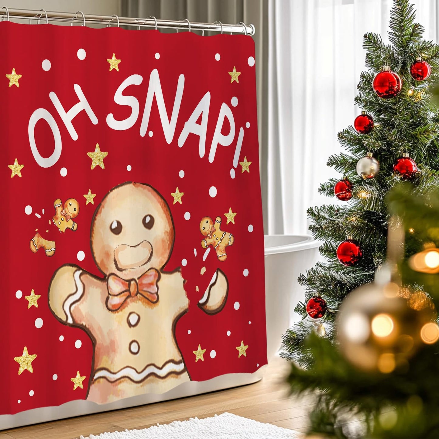 QIONG MENG Gingerbread Christmas Shower Curtain Fabric 71x71 Inch with Hooks