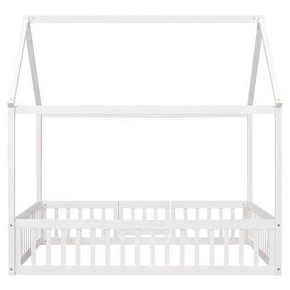 Full Size Wood House Bed with Fence and Door White Wash