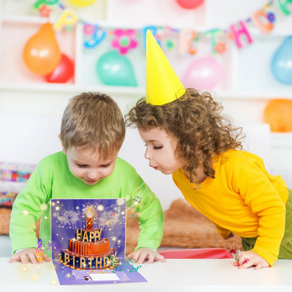 CANREVEL 3D Pop Up Fireworks Birthday Card LED Music Orange Cake Color