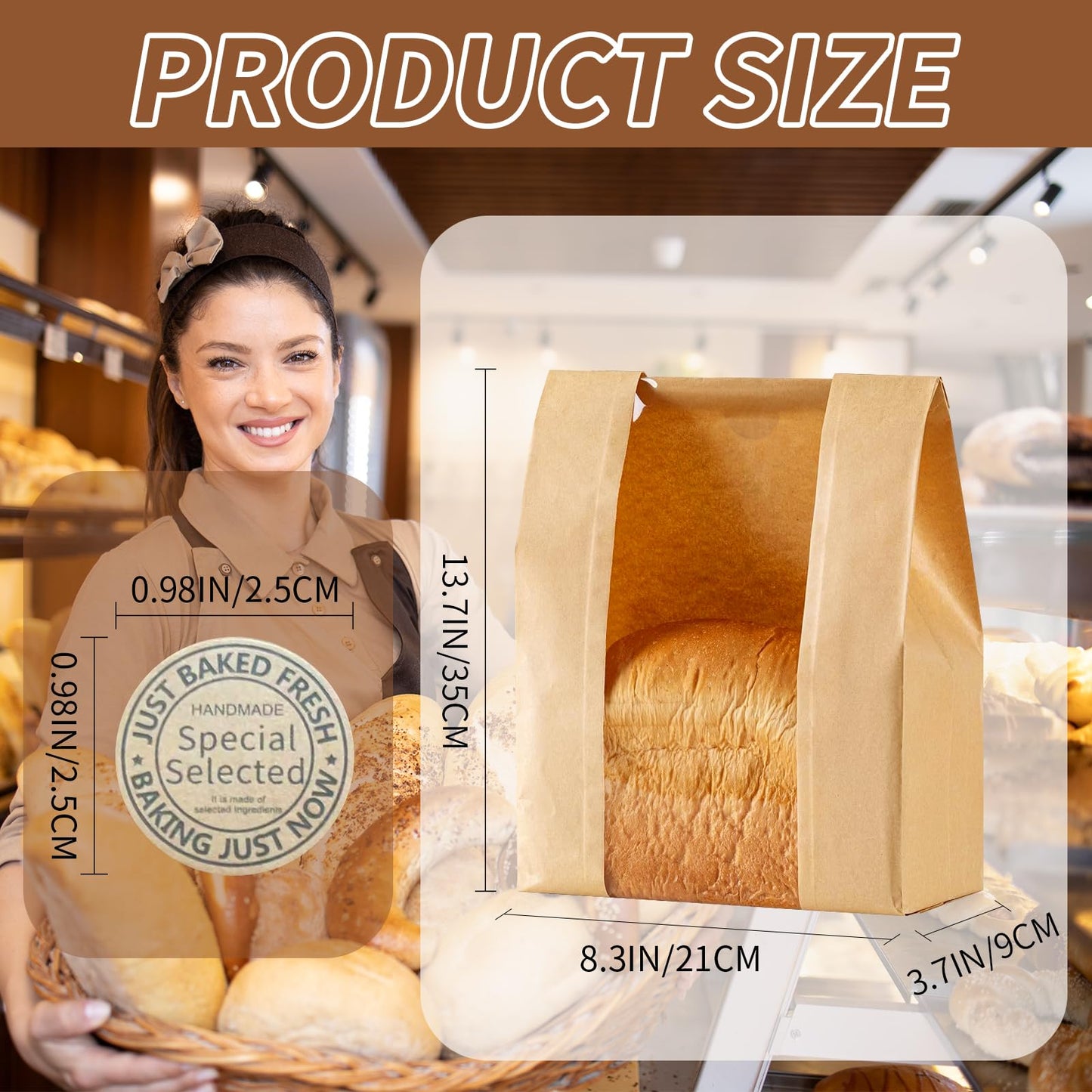 50 Pcs Kraft Paper Bread Bags with Window 13.7x8.3x3.7in + Seal Stickers