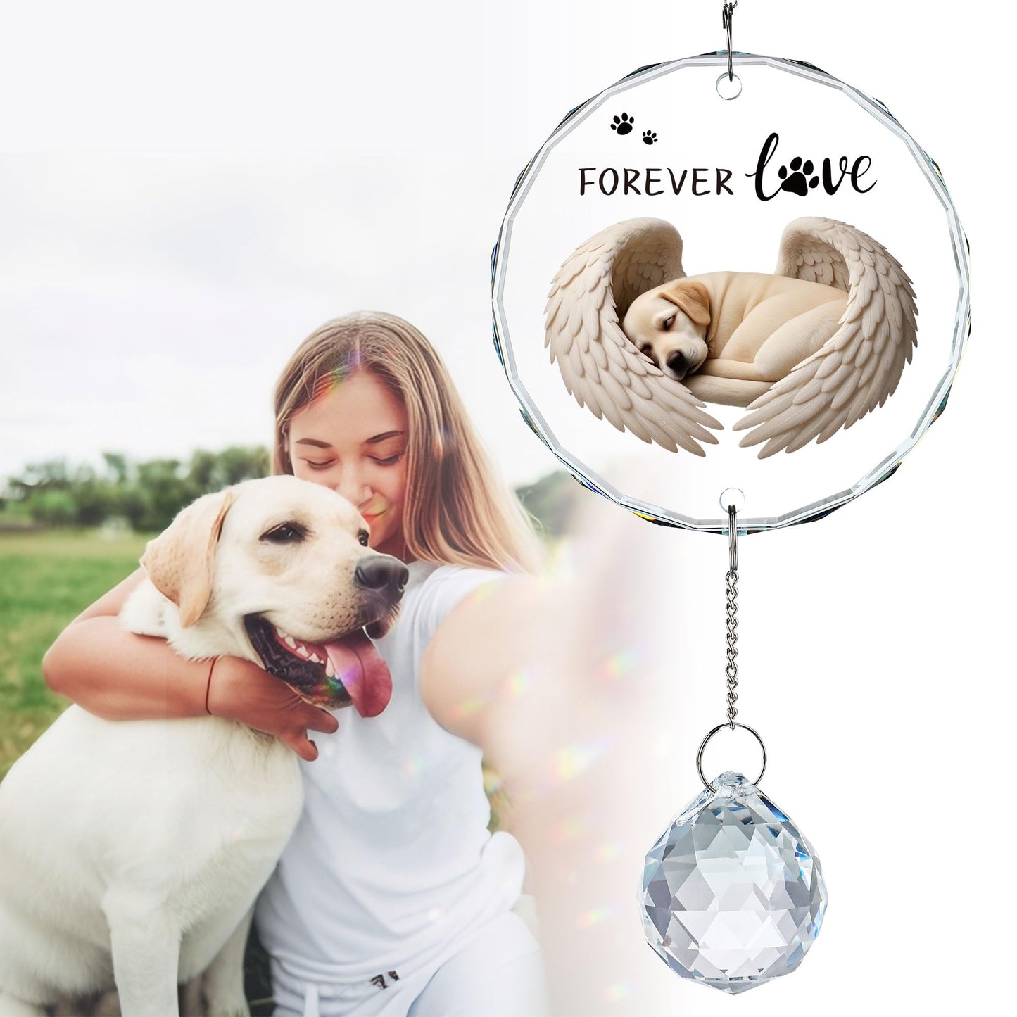 YU FENG 11.8in Dog Angel Crystal Suncatcher Memorial Rainbow Bridge
