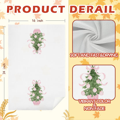 SPBL&L Chinoiserie Christmas Kitchen Towels Pink Bow Tree 16x24 Inch Set of 2