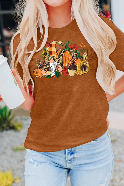 MAIHUN Womens Thanksgiving Shirt Cute Gnomes Pumpkin Fall Short Sleeve Size S
