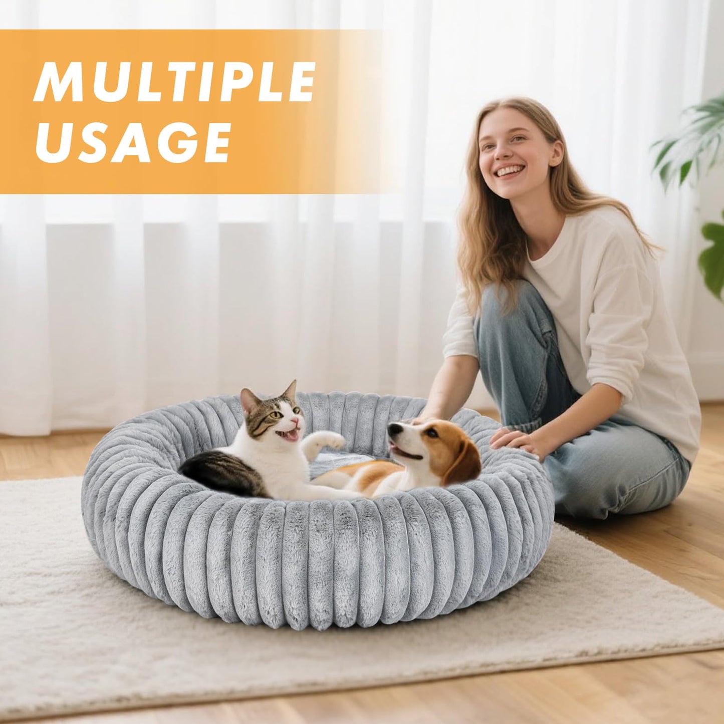 MINGT Donut Cat Bed Ultra-Soft Fluffy Round Small Pet Bed Grey 16x16x5in